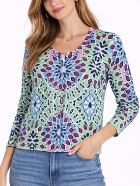 Talbots Cardigan Sweater Geo Print Button Front Green Blue Petite PS